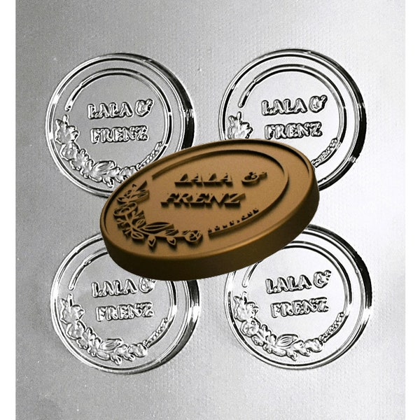 Custom chocolate mold. Personalized with your logo, graphics, and text on it. 2 1/2" Round. 4 Cavities. Free Shipping.