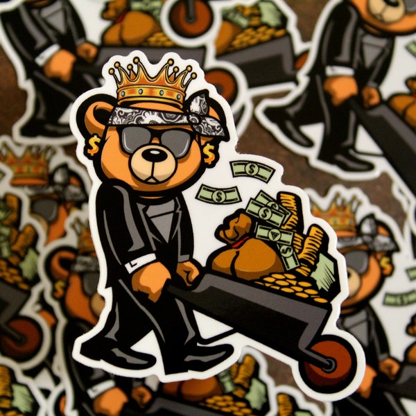 Bear with Money Sticker, business professional,  entrepreneur sticker,hustler, suit and tie sticker