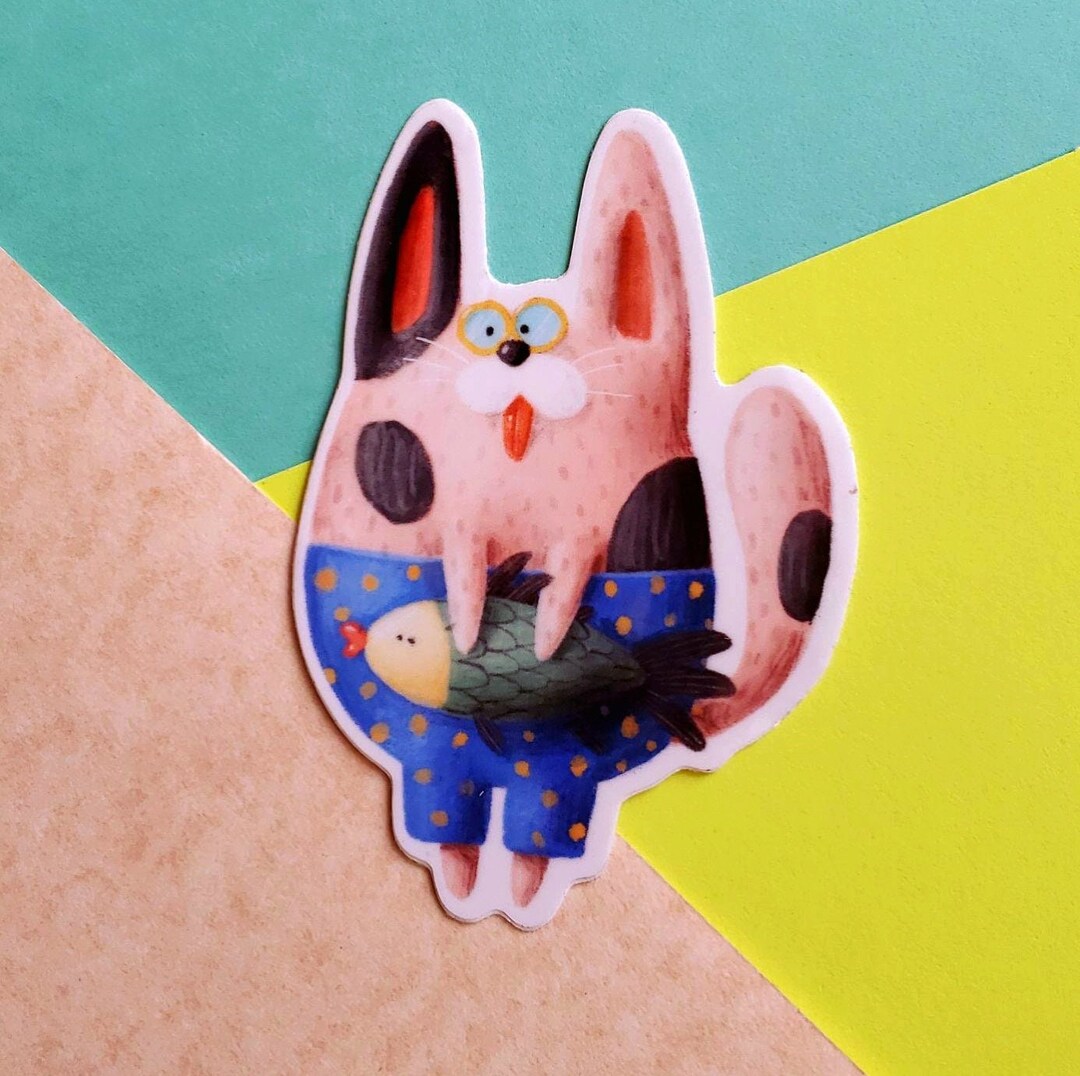 Kitty With Fish Sticker - Etsy