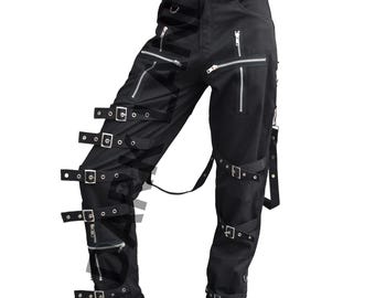 Men Gothic Pant - Mens Black Buckle Straps Goth Pant - EMO Disco Zipper Pant Men