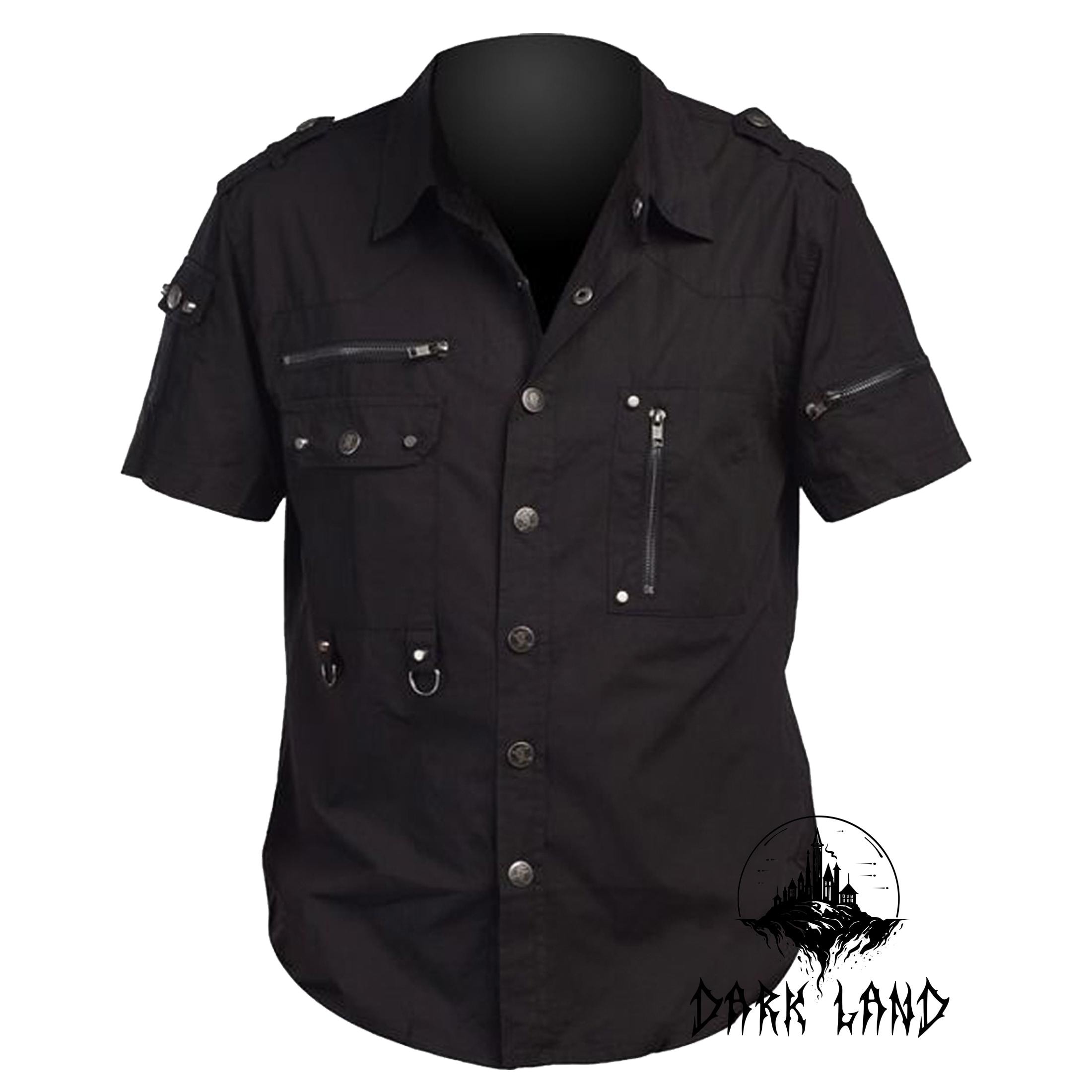 Men's Gothic Zipper Shirt - Black Punk Half Sleeve Button Up w/ Zip Detail - Alternative Short Sleeve Shirt w/ Polyester Lining