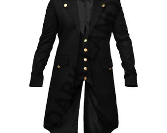Men Steampunk Tailcoat - Victorian Style Black Cotton Coat - Mens Golden Button Gothic Black Trench Tailcoat