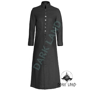 May include: A long black coat with a high collar and a row of buttons down the front. The coat has a simple design and is made of a smooth fabric.
