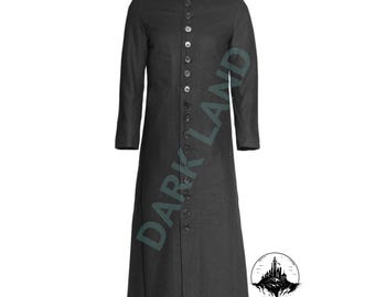 Ecclesiastical Priest Cassock Long Coat - Men's Gothic Black Soft Cotton Coat - Preachers Full Length Black Coat