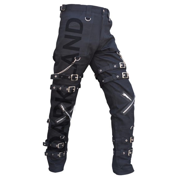Men Gothic Zipper Pant - Punk Rock Chains Buckle Straps Pant