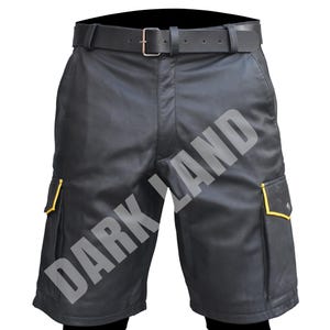 Men&#39;s Real Leather Cargo Shorts Black Leather Bouncer Club Party Short Leather Yellow Pipping