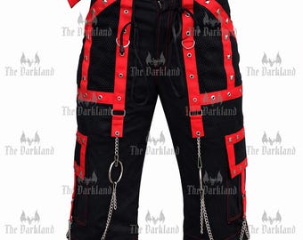 Pantaloncini cargo da uomo in stile gotico punk / Pantaloncini in rete borchiata con catene, anelli a D e dettaglio cinturino rosso / Streetwear alternativo industriale