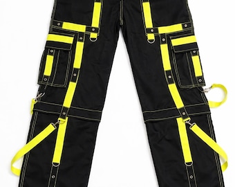 Cyber Goth Black Cargo Pants, Neon Yellow Strap Techwear Trousers, Utility Pockets