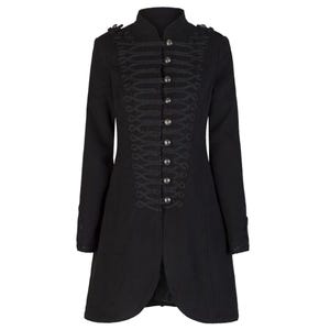 May include: A black military-style coat with a high collar and long sleeves. The coat features decorative braiding and silver-coloured buttons down the front. The coat has a tailored fit and a split in the back.