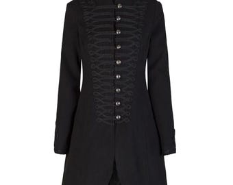 Women's Gothic Wool Coat - Steampunk Military Style Black Long Coat w/ Lace-Up Back - Alternative Fashion, Button Closures ,Polyester Lining
