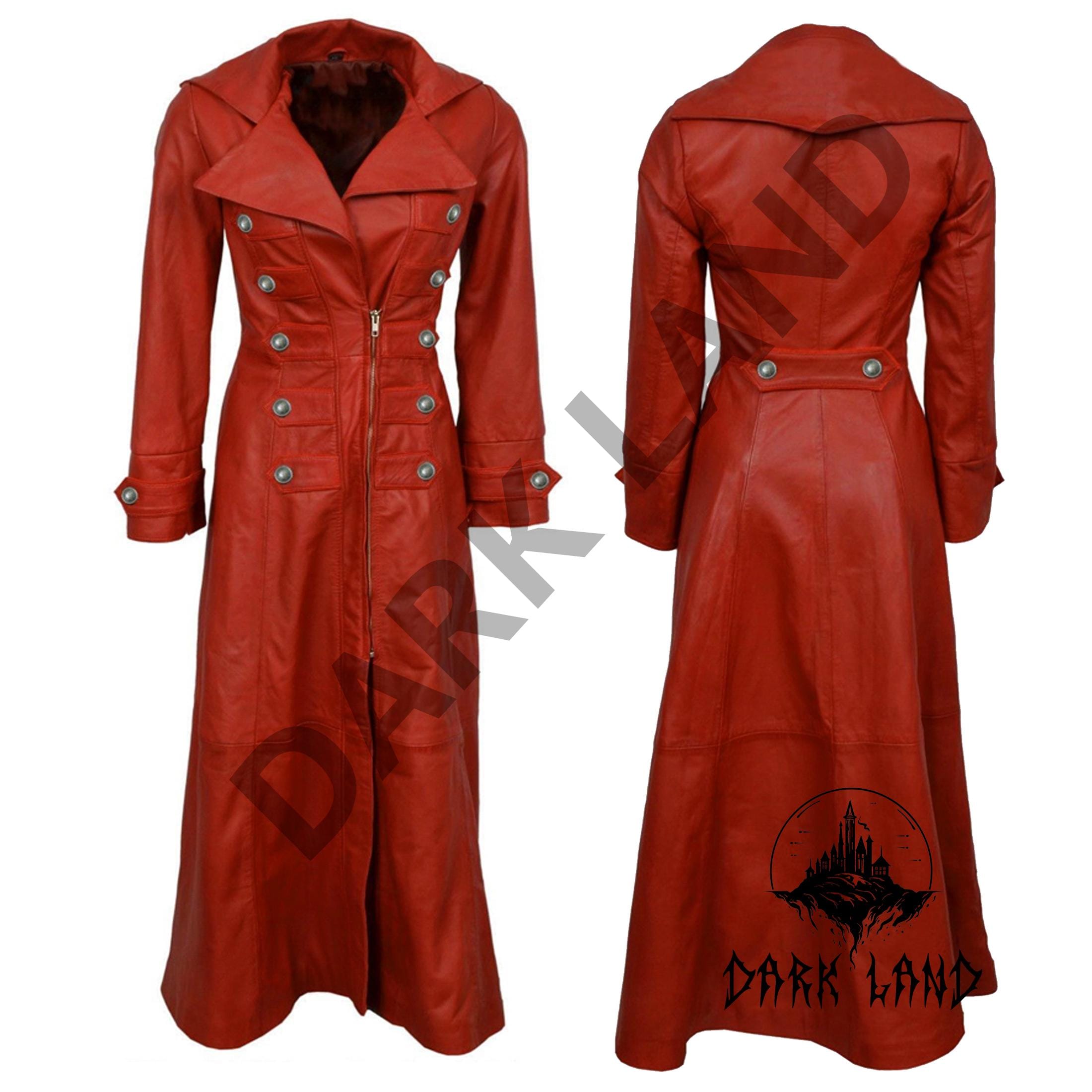 Frauen ROTER Viktorianischer Ledermantel - Militär-Stil Gothic Trench Langer Mantel - Übergröße Frauen Langer Ledermantel