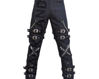 Men Gothic Zipper Pant - Punk Rock Chains Buckle Straps Pant - Black Goth Mens Pant