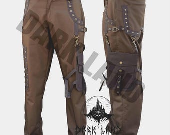 Men's Brown Steampunk Pants - Victorian Style Steampunk Male's Gothic Pant With D-Attachable Pockets