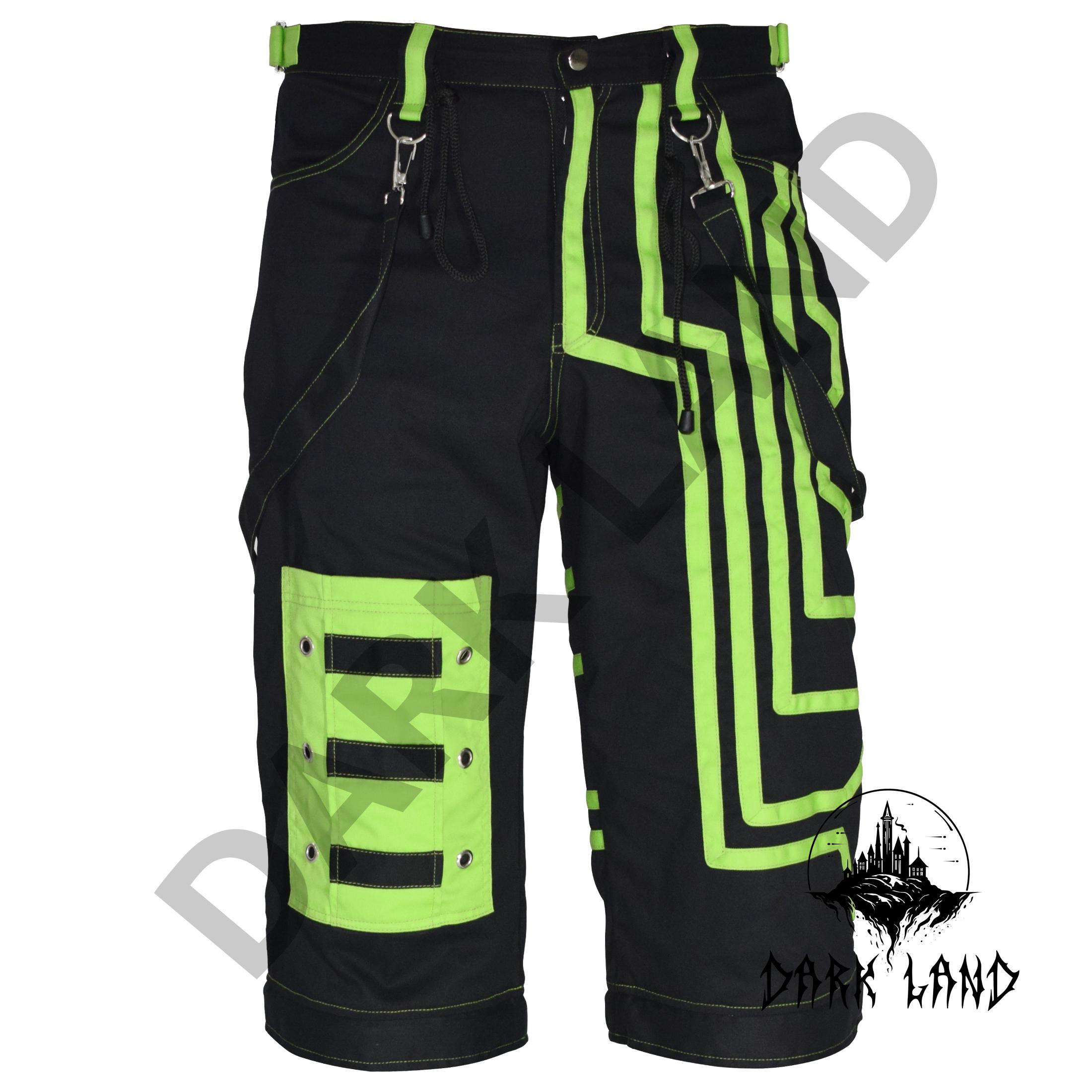 Neon Green Cyberpunk Cargo Shorts - Mens Gothic Style Shorts - Punk Rocker Urban Tech Shorts - Alternative Fashion Street Wear Bermudas