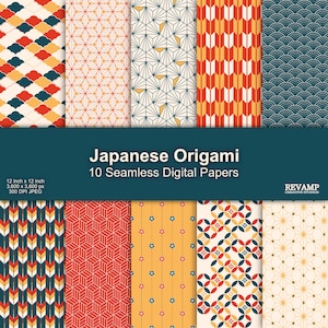 Op de afbeelding: Tien digitale papierontwerpen met Japanse origami-patronen in rood, geel, blauw en wit. De patronen omvatten geometrische vormen, pijlen en golven. De papieren zijn 30,48 cm x 30,48 cm en 300 DPI.