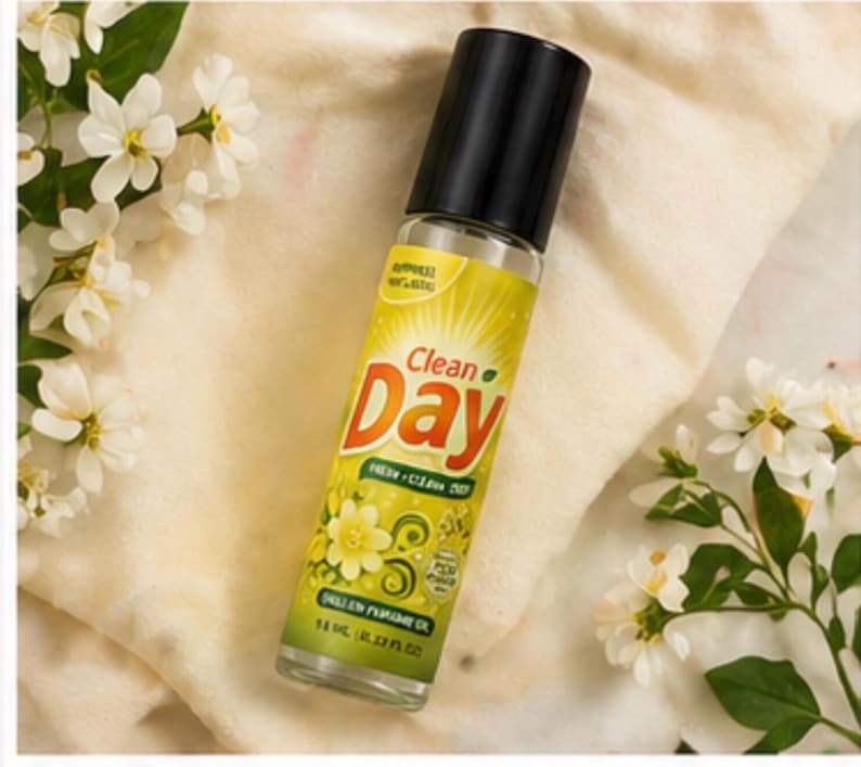 May include: A clear glass bottle of "Clean Day" perfume oil with a black cap. The label is yellow with orange and green text and a floral design. The bottle is surrounded by white flowers and green leaves.