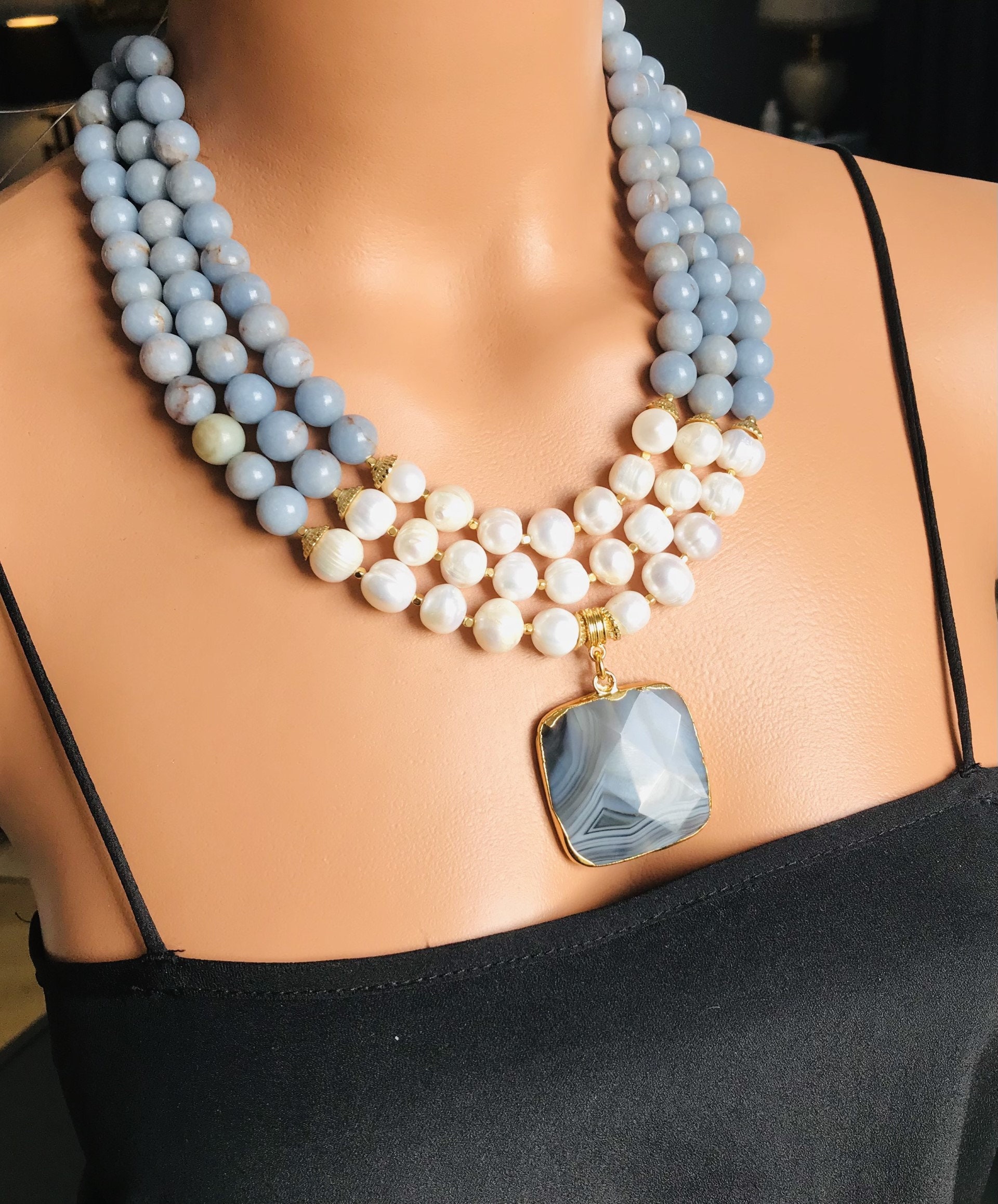 Unusual Angelite Gemstones Necklace for Women, Three Pieces Layered Angelite Stone and Fresh ...