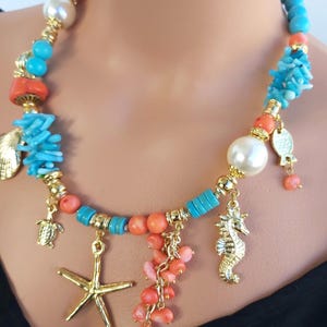 Coral and Turquoise Charm Summer Necklace for Women, Chunky Big Beaded Sea Jewelry, Unique Ocean Breeze  Necklace, Gift for Women