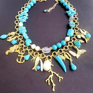 Turquoise & Pearl Necklace: 24K Gold Plated Chain Ocean Charm, Coastal Statement Summer Jewelry image 3