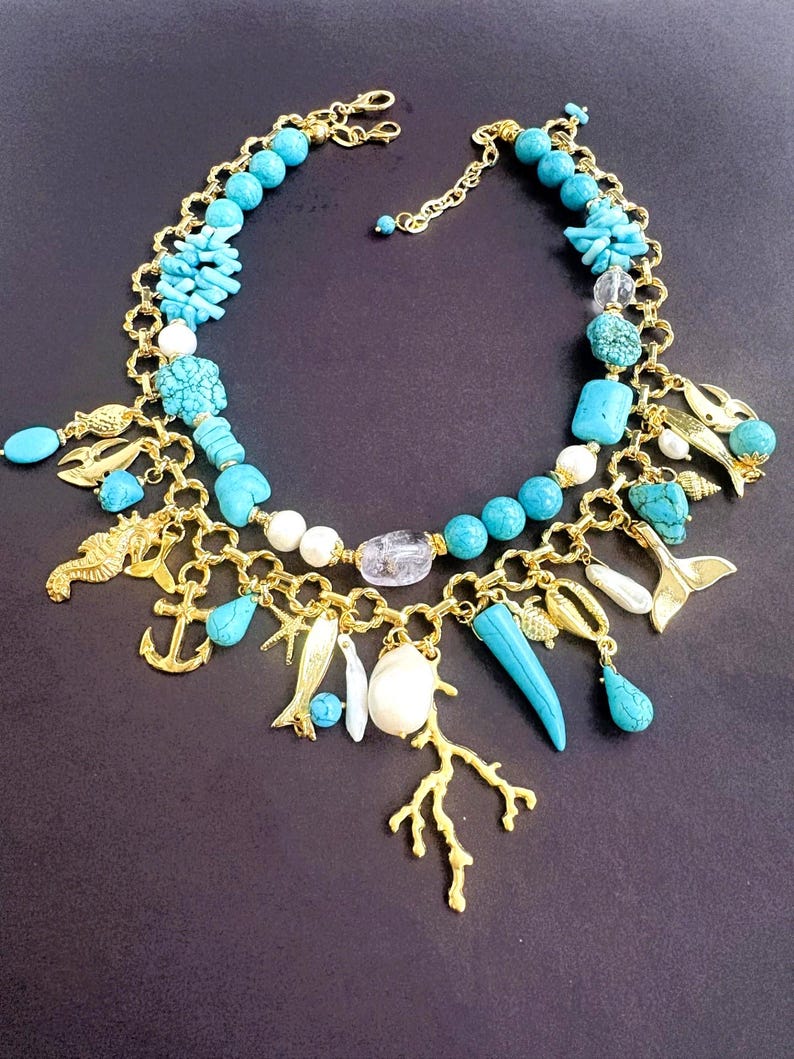 Turquoise & Pearl Necklace: 24K Gold Plated Chain Ocean Charm, Coastal Statement Summer Jewelry image 3