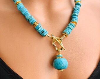 Chunky Turquoise Necklace: Boho Gemstone Beads, 24K Gold Plated