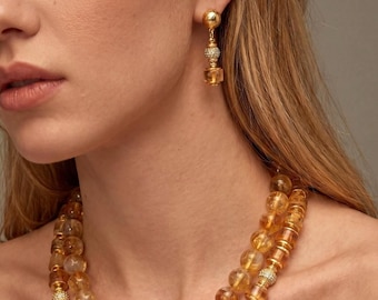 Handgemachte Citrin Edelstein Halskette und Ohrringe Set: 24K Vergoldete Perlenschmuck für Damen