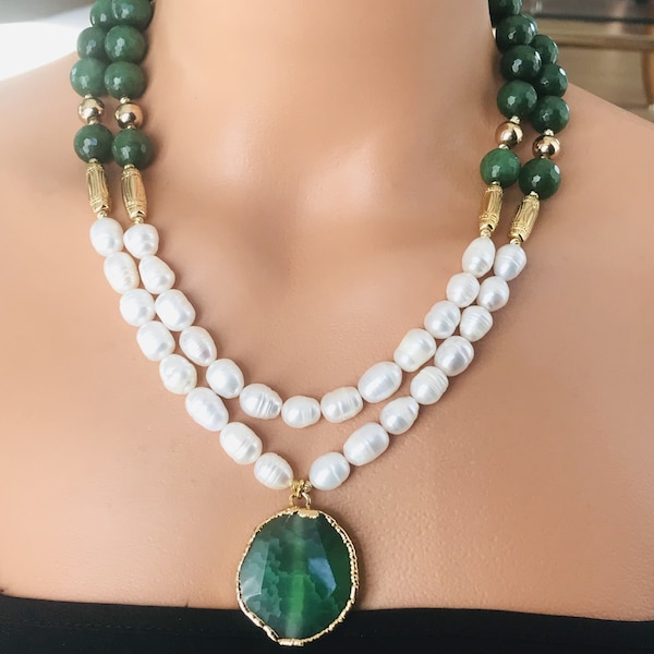 Genuine fresh water Pearl and green Jade gemstone elegant necklace for women, multistrand necklace, gros collier pour femme, chunky Necklace