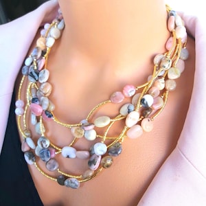 Pink Opal asymetrical cut gemstone handmade necklace,multistrand chunky gemstone Jewelry,layered necklace,Mother&#39;s Day Gift,Anniversary gift