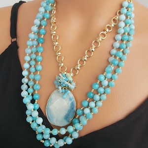 May include: A multi-strand necklace with a large blue and white agate pendant. The necklace is made of light blue and turquoise beads and a gold chain.