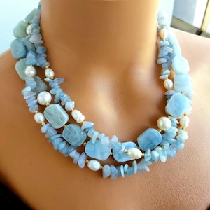 Aquamarin Edelstein klobige große Perlen Multistrang Halskette für Frauen, handgemachter Schmuck, Geschenk für Sie, Bijoux, Gros Collier, Muttertagsgeschenk