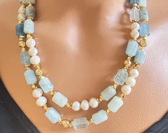 Handmade Aquamarine & Pearl Necklace: 24K Gold Plated Elegant Jewelry