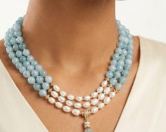 Aquamarine and Pearl Gemstone Necklace: Chunky Layered Genuine Gemstone Jewelry for Women