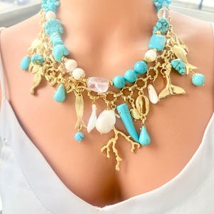 Turquoise & Pearl Necklace: 24K Gold Plated Chain Ocean Charm, Coastal Statement Summer Jewelry image 2