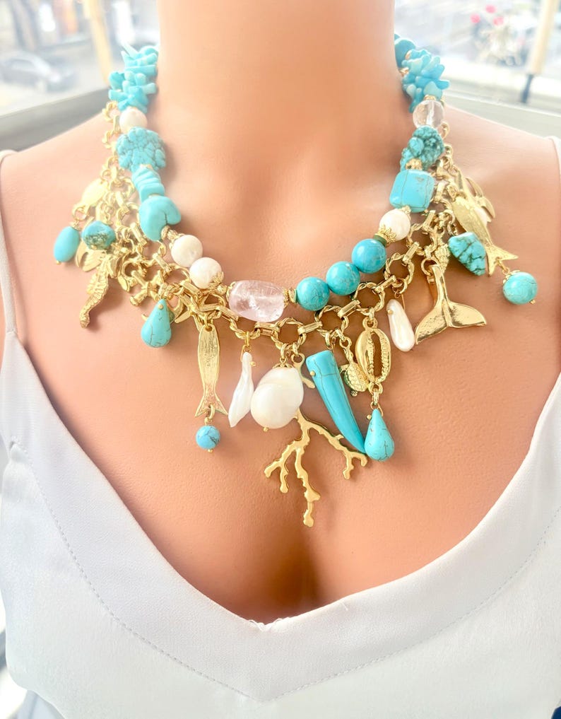 Turquoise & Pearl Necklace: 24K Gold Plated Chain Ocean Charm, Coastal Statement Summer Jewelry image 2