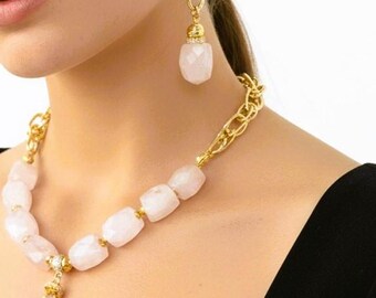Sieradenset kwartssteen: handgemaakte ketting en oorbellen voor dames