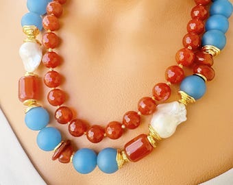 Agate and Pearl Statement Necklace – Handmade Gemstone Jewelry, Unique Christmas Gift for Her