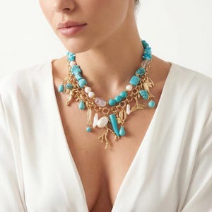 Turquoise & Pearl Necklace: 24K Gold Plated Chain Ocean Charm, Coastal Statement Summer Jewelry image 15