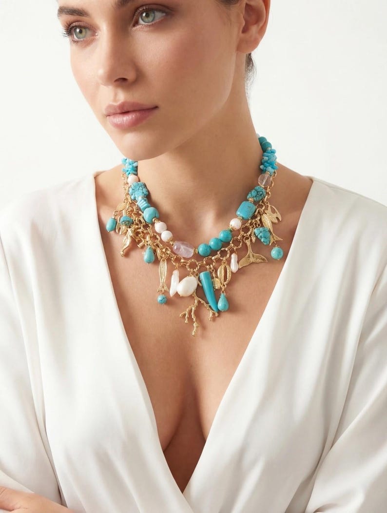 Turquoise & Pearl Necklace: 24K Gold Plated Chain Ocean Charm, Coastal Statement Summer Jewelry image 15