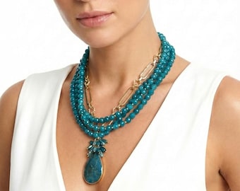 Handmade Agate Multi-Strand Necklace: 22K Gold-Plated Pendant Jewelry for Women