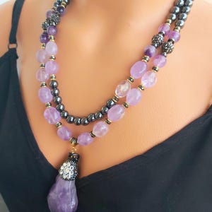 Unique Amethyst necklace, beaded Statement necklace,Gift for women,Chunky gemstone necklace, Handmade jewelry, Large bead necklace, Mom gift