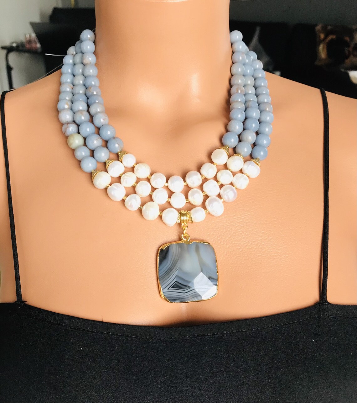 Unusual Angelite Gemstones Necklace for Women, Three Pieces Layered Angelite Stone and Fresh ...