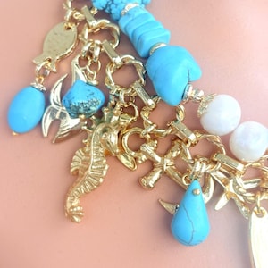 Turquoise & Pearl Necklace: 24K Gold Plated Chain Ocean Charm, Coastal Statement Summer Jewelry image 9