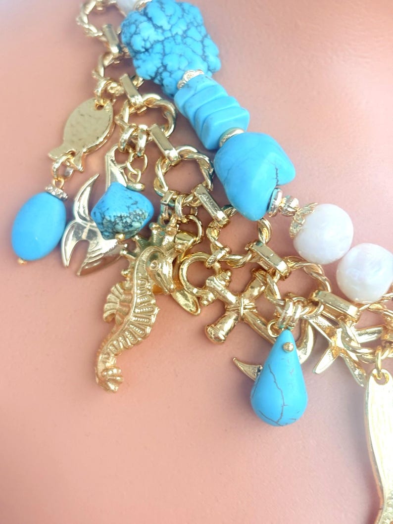 Turquoise & Pearl Necklace: 24K Gold Plated Chain Ocean Charm, Coastal Statement Summer Jewelry image 9
