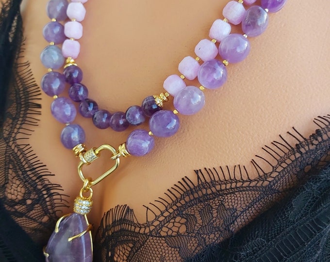 Amethyst and Kunzite Gemstone Necklace for Women Big Beaded Chunky ...