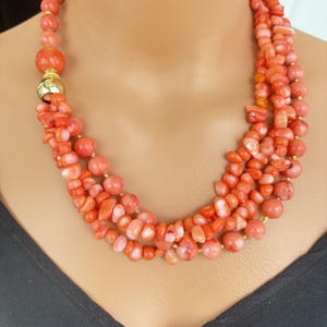 Coral Gemstone Multistrand Necklace for Women –Chunky, Big Beaded Statement Necklace, Genuine Coral Handmade Jewelry for Women, Gift for Her