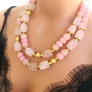 Unique Pink Quartz Necklace For Women, Chunky Layered Handmade Jewelry, Bead Statement Gemstone Jewelry, Mother&#39;s Day Gift, Gift for Her