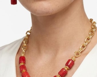 Red Coral Necklace and Earrings Set:  22K Gold-Plated Chain Jewelry for Women