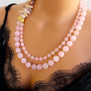 Pink Quartz and Pink Opal Necklace For Women, Chunky Handmade Jewelry, Bead Statement Gemstone Jewelry, Mother&#39;s Day Gift, Gift for Her