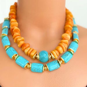 Turquoise and Orange Colour Agate Stone Necklace, Chunky hand-made Jewelry, Big Bold Statement  Necklace, Gift For Women, Gift For Her