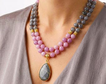 Lilac colour Kunzite & Agate Gemstone Necklace: Handcrafted Pendant Jewelry for Women, Gold Plated chain